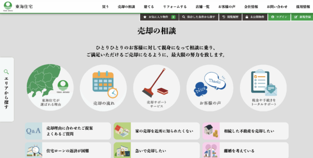 東海住宅の「売却の相談」ページの紹介画面、売却サポート内容がアイコンで並ぶ。