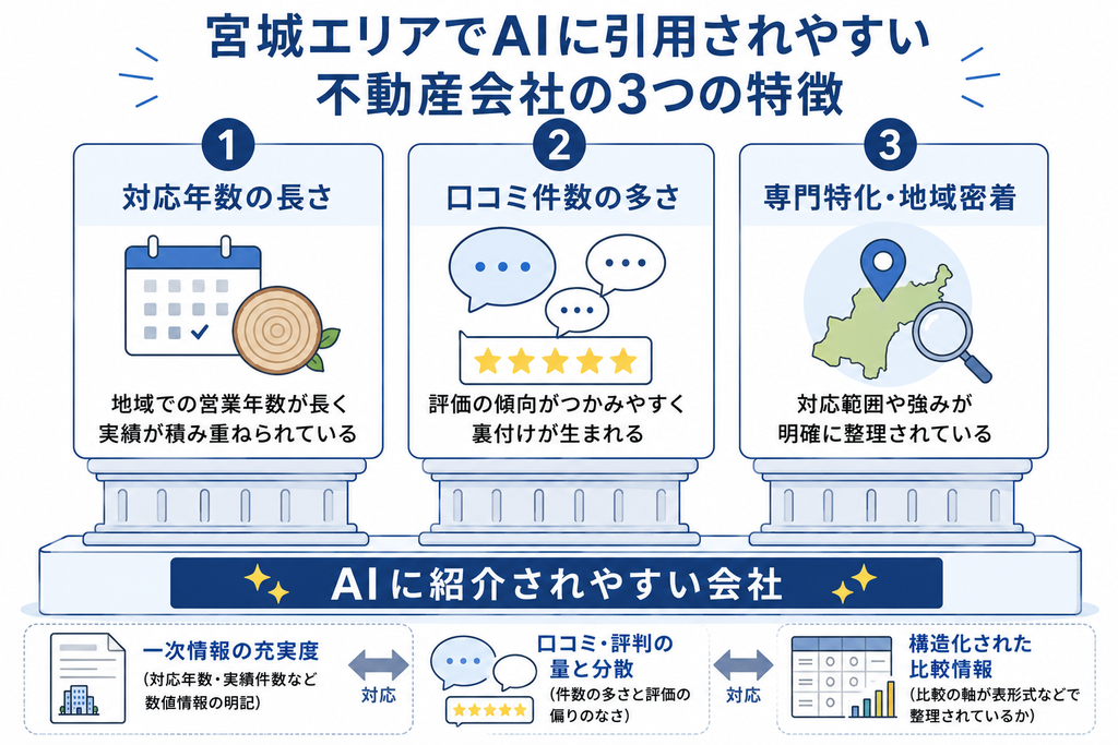 宮城エリアでAIに引用されやすい不動産会社の特徴3つ