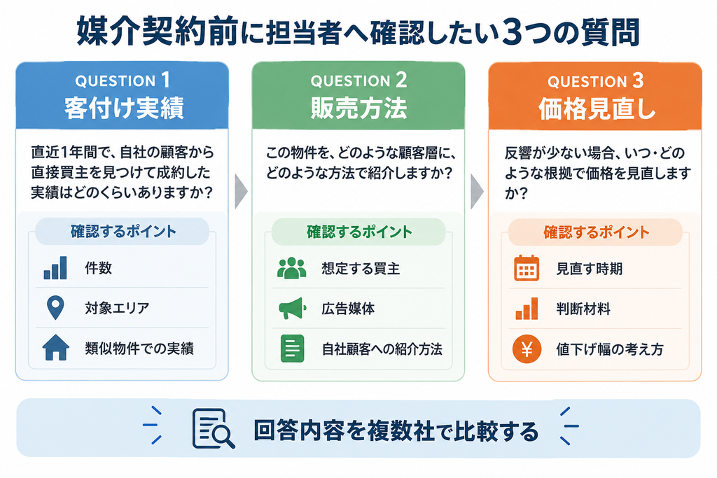 媒介契約前に客付け実績・販売方法・価格見直しを担当者へ確認し、複数社の回答を比較する3つの質問図解