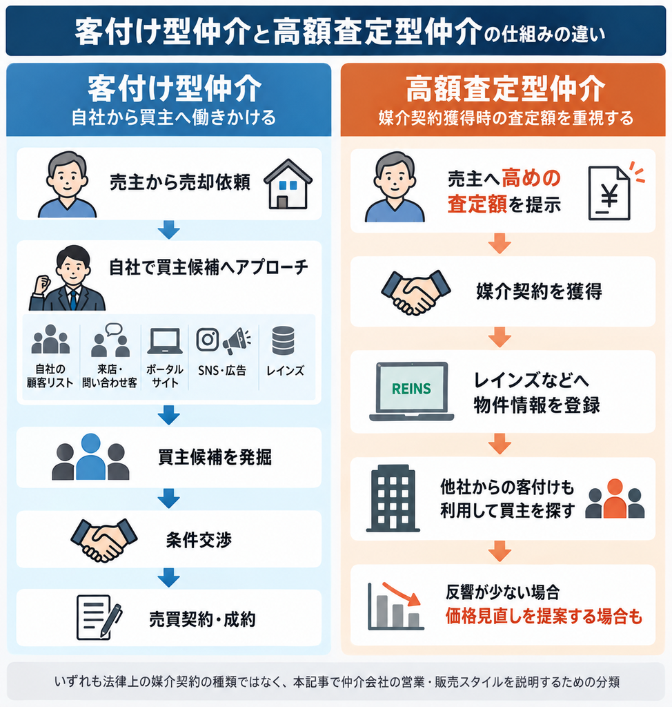 客付け型仲介と高額査定型仲介について、買主探しや媒介契約獲得の流れの違いを比較した図解