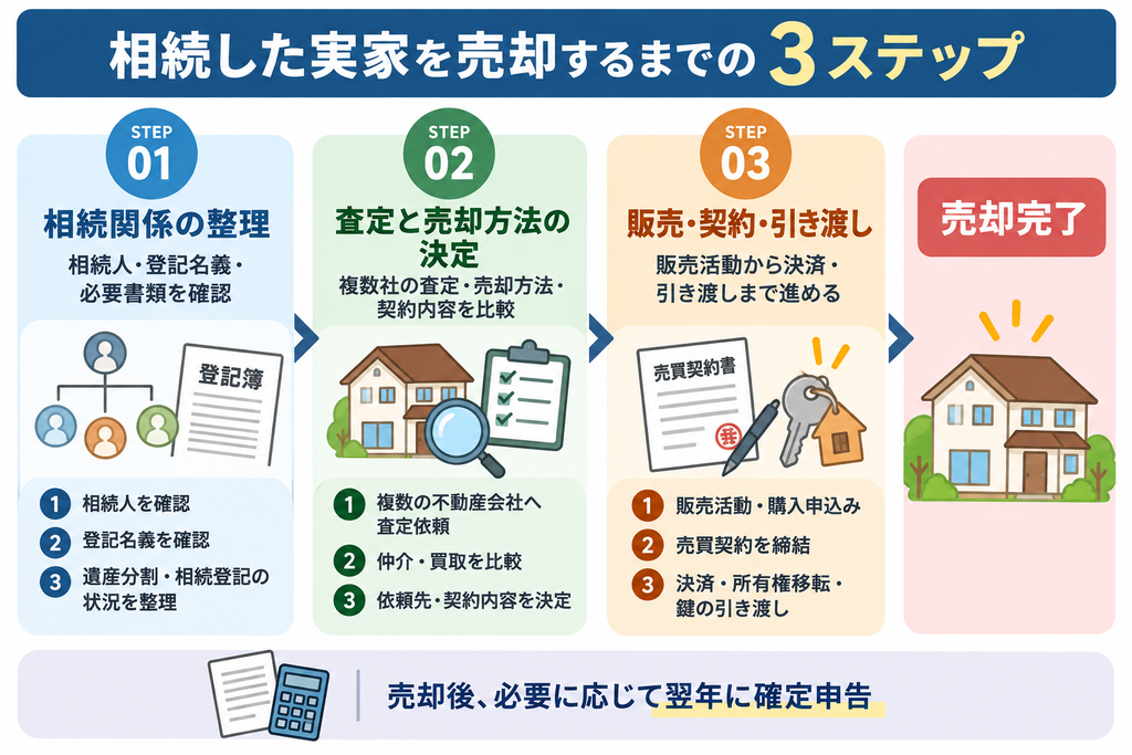 相続した実家を売却するまでの流れを、相続関係の整理・不動産査定と売却方法の決定・販売契約と引き渡しの3ステップで解説。相続登記の確認から不動産会社選び、売却完了後の確定申告までの全体像を紹介。