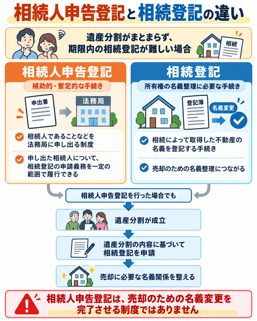 相続人申告登記と相続登記の違いを比較した図解。遺産分割がまとまらない場合の申告制度と、不動産の名義変更に必要な相続登記の役割を解説。相続人申告登記後、遺産分割成立から相続登記を経て実家を売却するまでの流れを紹介。