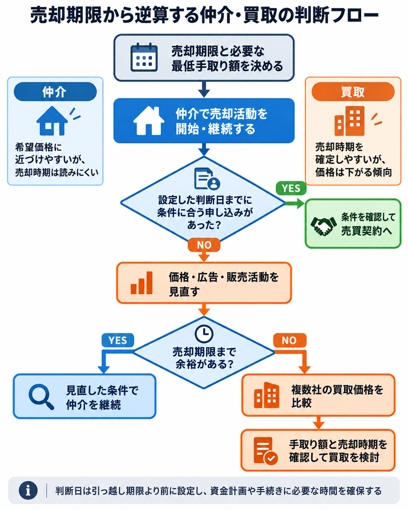 家の売却期限から逆算して、仲介を継続するか買取に切り替えるかを判断するフロー図。売却期限や必要な手取り額、購入申し込みの状況に応じた売却方法の選び方を解説。