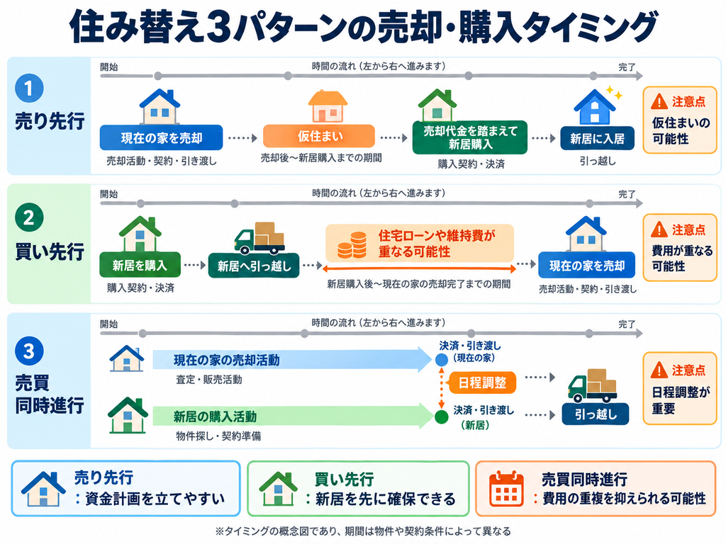 住み替えにおける売り先行・買い先行・売買同時進行の3パターンを比較した時系列図。自宅の売却、新居の購入、引っ越しのタイミングと、仮住まいや二重ローンの注意点を解説。
