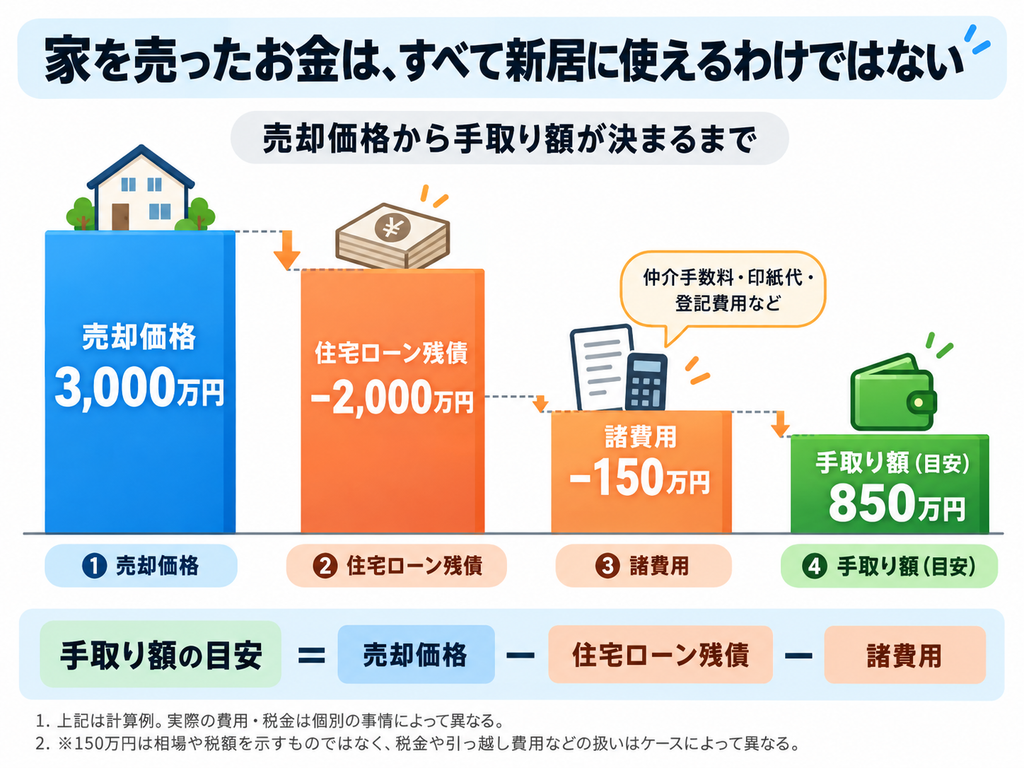 家の売却価格と実際の手取り額の違いを示した図解。売却価格3,000万円から住宅ローン残債2,000万円と諸費用150万円を差し引き、手取り額850万円となる計算例を紹介。