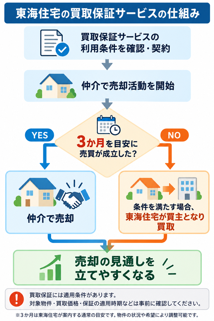 東海住宅の買取保証サービスの仕組みを示したフロー図。仲介で売却活動を行い、通常3か月を目安に売買が成立しなかった場合、条件に応じて東海住宅が買い取る流れを解説。
