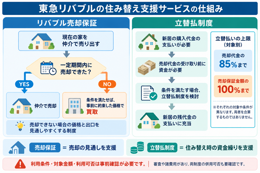 東急リバブルの住み替え支援サービス「リバブル売却保証」と「立替払制度」の仕組みを比較した図解。売却保証は一定期間内に仲介で売れなかった場合の買取を支援し、立替払制度は売却代金の85％または売却保証金額の100％を上限に、新居購入時の資金繰りを支援する制度。それぞれの役割や利用条件を解説。