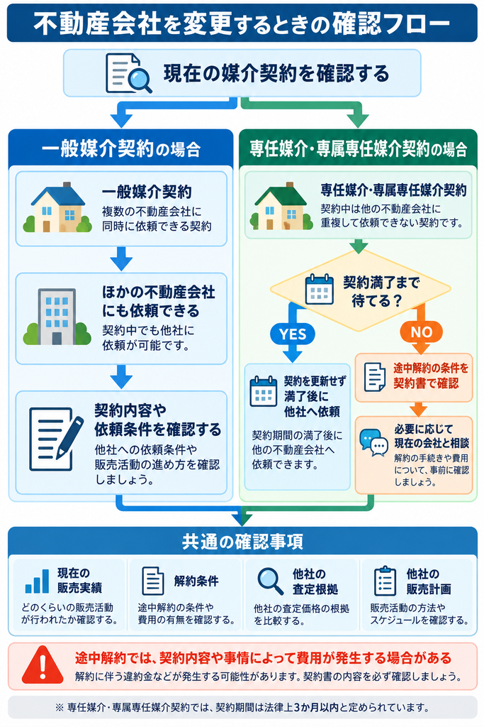 不動産会社を変更するときの確認フローを示した図解。一般媒介契約は他社への依頼が可能。専任媒介契約・専属専任媒介契約は契約満了後の変更、または途中解約の条件を確認する流れを解説。媒介契約の種類による違いや解約時の注意点、変更前に確認すべき項目を紹介。
