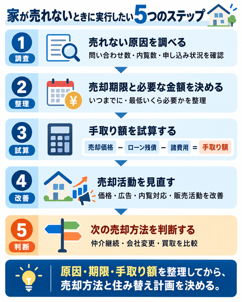 家が売れないときに実行したい5つの対策をまとめたステップ図。売れない原因の調査、売却期限と必要資金の整理、手取り額の試算、販売活動の改善、仲介継続・会社変更・買取の判断までを解説。