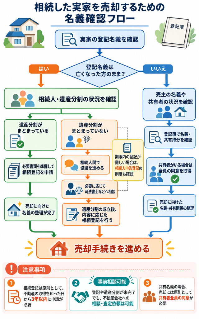 実家を相続した際の登記名義の確認から、遺産分割協議・相続登記・売却手続きまでの流れを解説したフロー図。相続登記の期限や共有名義の注意点、不動産会社への事前相談についても紹介。