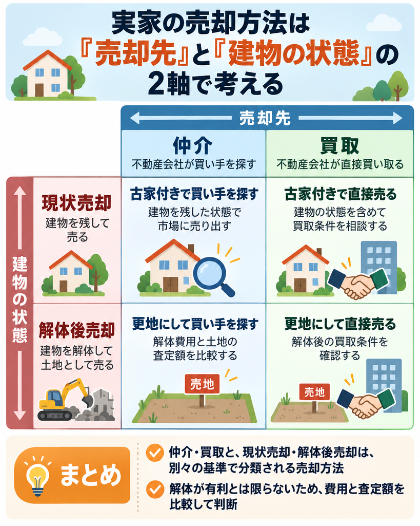 実家の売却方法を「仲介・買取」と「現状売却・解体後売却」の2軸で比較した図解。古家付きでの売却や更地での売却など、4つの組み合わせとそれぞれの特徴を解説。